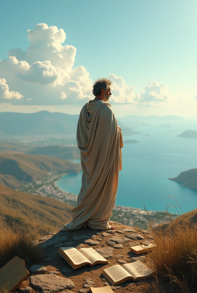 Stoic philosopher standing on a hill looking over Greek