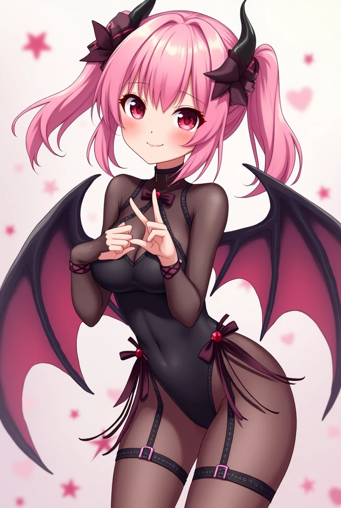 (masterpiece,best quality,ultra-detailed), an anime girl who is a mischievous and sweet succubus. She has candy pink m-shaped bangs short hair with twin ponytails, ruby round eyes, fruit bat ears and wings, wearing a gothic bodysuit costume, ankle straps, feet, standing and leaning mischievously to the right, hands in a mischievous pose, smirk mischievously, looking at viewer
