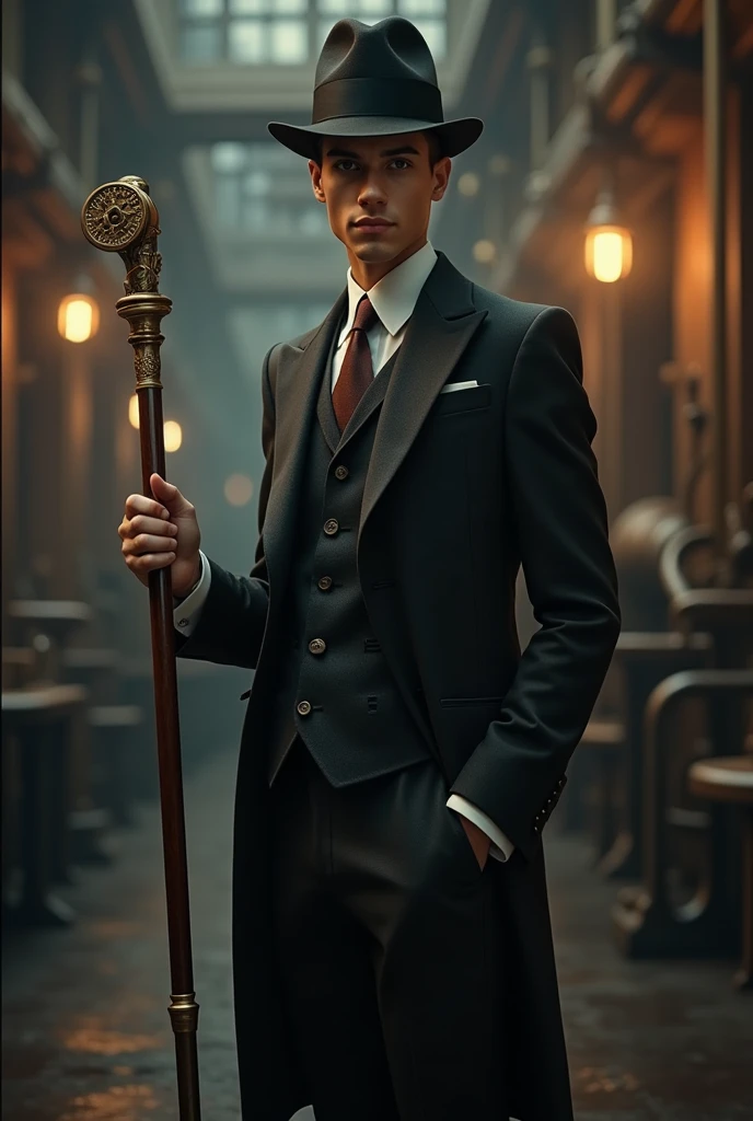 Young man in suit and hat, with cane , with a little Steampunk style
