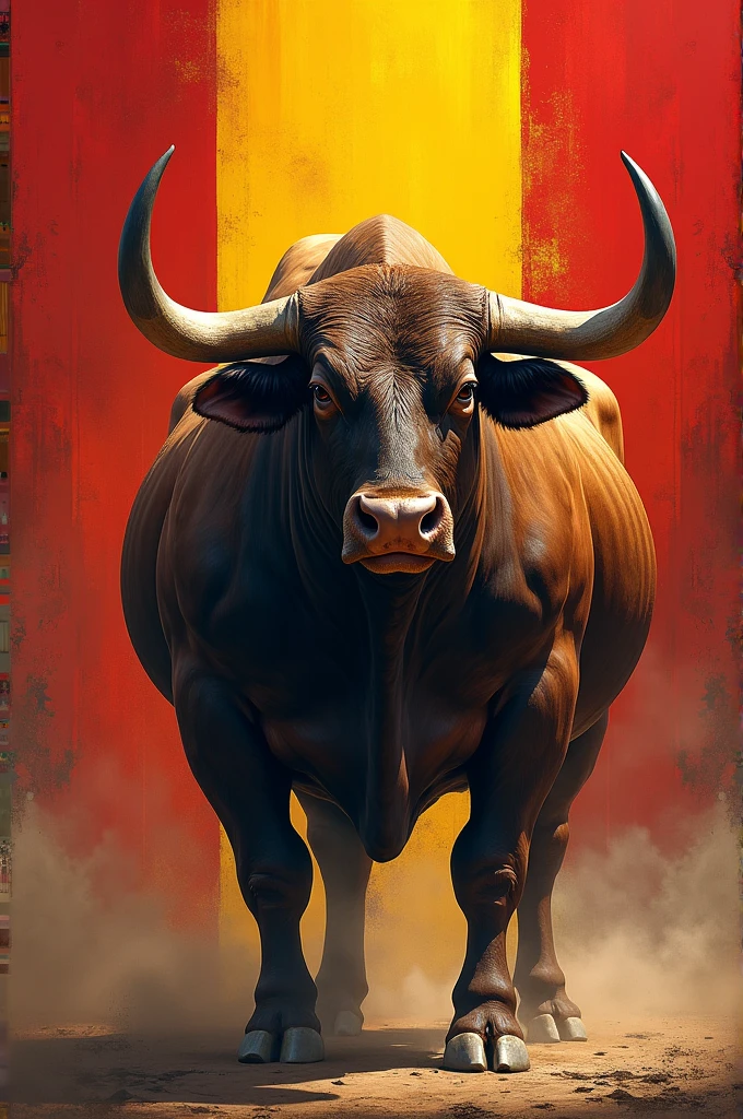 A bull and the Spanish flag behind it.