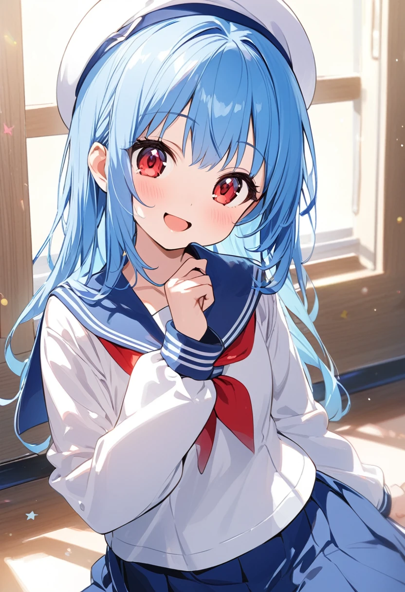 girl、Primary school students、Red Eyes、Blue Hair、Sailor suit、1 person、smile、Short、Cute white beret