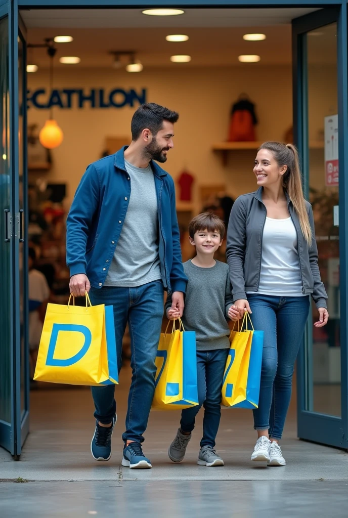 Photo d'une famille qui sort d'un magasin Decathlon avec des sacs, je veux que ça soit réaliste il faut que les sac soit comme le logo