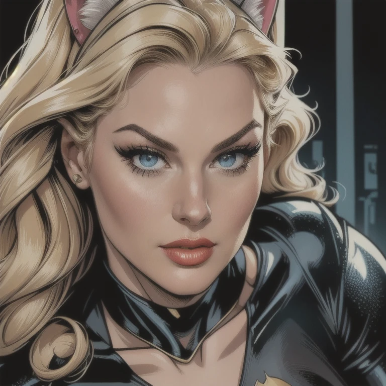 blonde woman, woman with cat ears, woman with cat costume, Julie Newmar, Batman and Robin TV series, 1966 camp, detailed realistic face, beautiful detailed eyes, beautiful detailed lips, extremely detailed eyes and face, long eyelashes, tight catsuit, high heels, seductive pose, dramatic lighting, cinematic, photorealistic, 8k, (best quality,4k,8k,highres,masterpiece:1.2),ultra-detailed,(realistic,photorealistic,photo-realistic:1.37),HDR,UHD,studio lighting,ultra-fine painting,sharp focus,physically-based rendering,extreme detail description,professional,vivid colors,bokeh