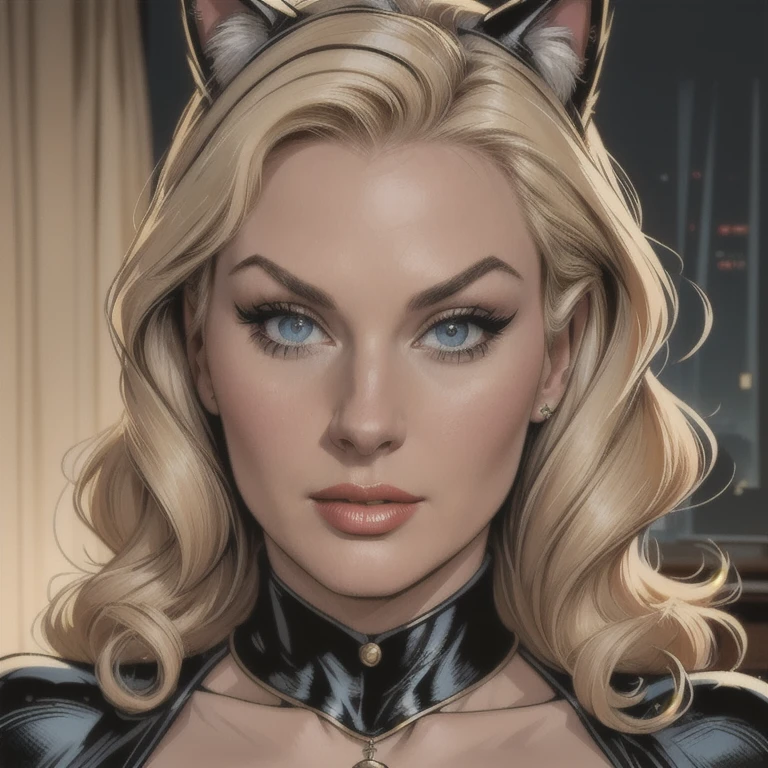 blonde woman, woman with cat ears, woman with cat costume, Julie Newmar, Batman and Robin TV series, 1966 camp, detailed realistic face, beautiful detailed eyes, beautiful detailed lips, extremely detailed eyes and face, long eyelashes, tight catsuit, high heels, seductive pose, dramatic lighting, cinematic, photorealistic, 8k, (best quality,4k,8k,highres,masterpiece:1.2),ultra-detailed,(realistic,photorealistic,photo-realistic:1.37),HDR,UHD,studio lighting,ultra-fine painting,sharp focus,physically-based rendering,extreme detail description,professional,vivid colors,bokeh