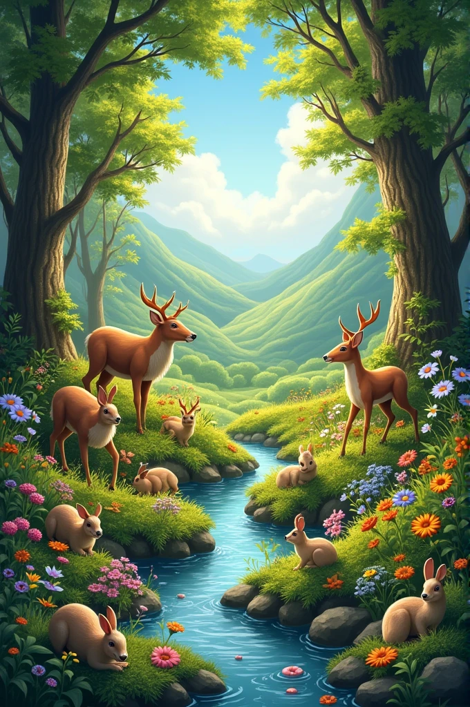 A nature cover with trees, animals, landscape