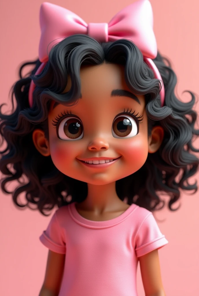 Girl, , light brown skin, black hair on the shoulders with curls and with bow, pink clothes, black eyes, Smiling, pixar 3d illustration