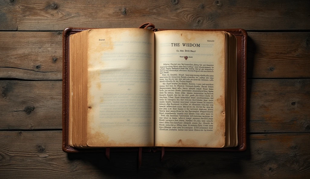 old book, viewed from the top, open on a wooden table