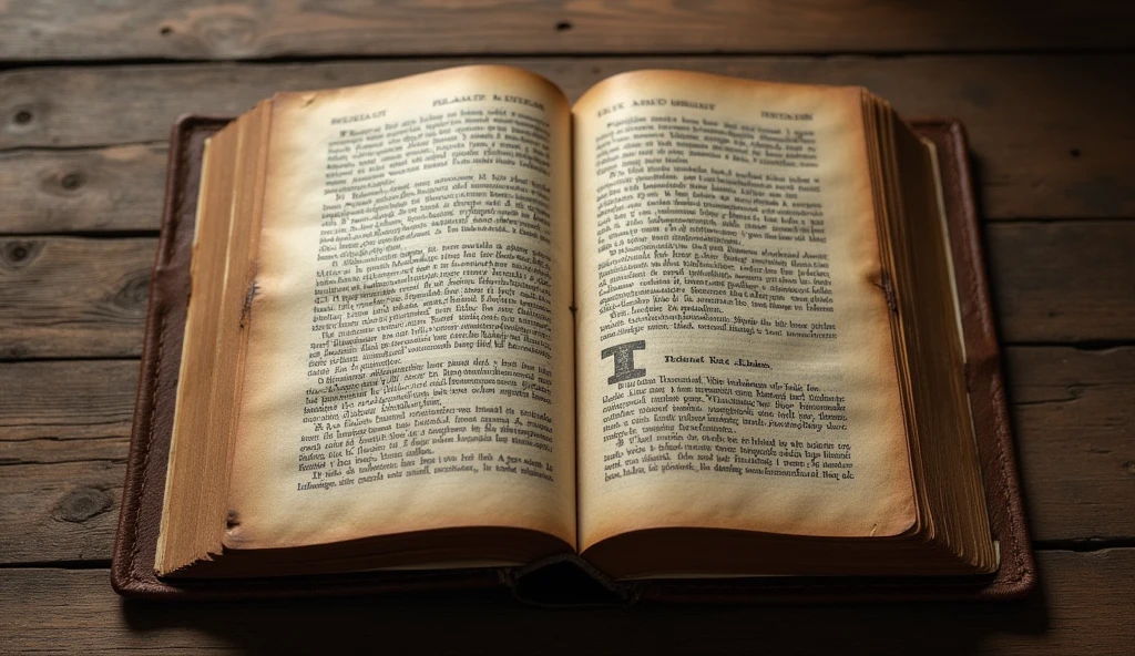 old book, viewed from the top, open on a wooden table