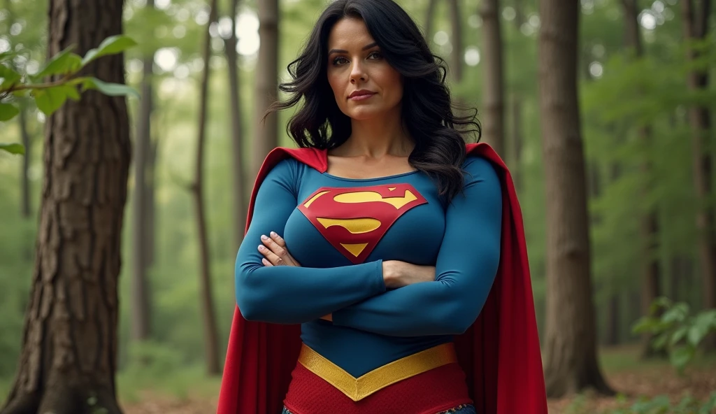 (((very beautiful old Supergirl (((1980s Superman costume))) Julie Hagerty(((dark-haired, large-breasted woman in her 50s)))) Super woman Julie Hagerty; confident, powerful, indestructible, attractive; big and firm chest; strong breasts; arms crossed, arrancando uma arvore do chão(superforça); arms of a strong woman. HD. Photograph, ((realism)), extremely high quality RAW photograph, ultra detailed photograph, sharp focus, high resolution, (detailed skin:1,3),high quality, film grain, Fujifilm XT3,Highly Detailed, movie, (Cinematic Photo:1.3) of (Realistic:1.3)