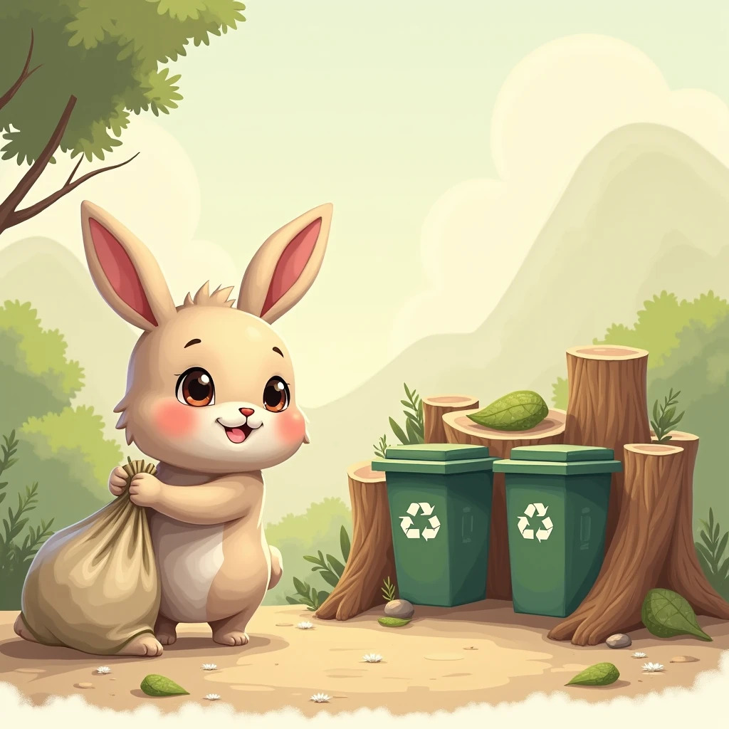 A cute rabbit is holding a trash bag to throw into the trash can, in which three bins are sorted for recycling, organic waste and other waste, made from tree stumps
