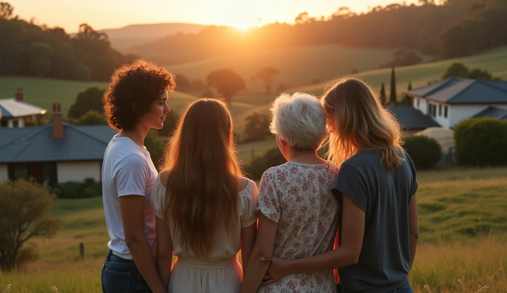 Super realistic images, 8K, three young couples around an elderly woman with silver hair under a tree on the right side of a small village situated between hills, fields and many trees, at dusk, view of the setting sun dyeing the sky orange and gold, narrow streets, old houses in the Australian style.