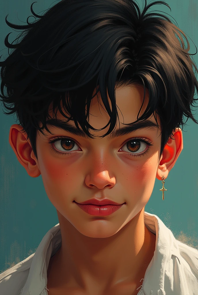 A teenager, rampant sexuality, a dimple on the right cheek, slanted eyes, A boy, moreno