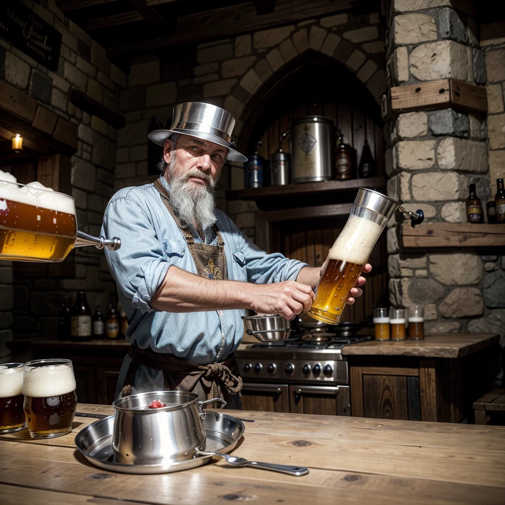 An old alchemist wizard cooking a beer in his pan and drinking a draft beer in his medieval castle surrounded by lots of magic. Making craft beer in his stainless steel pans. 