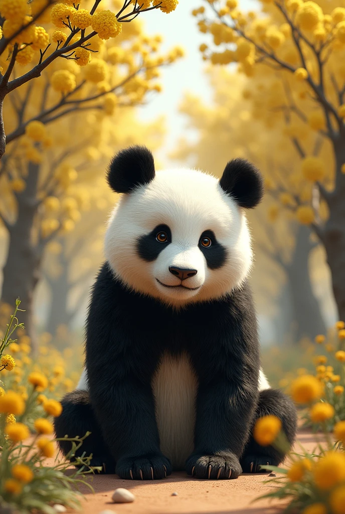 Draw a semi realistic panda, pleasant and determined look, I want it to be in an arid place with lots of flowering guaiac trees, It has yellow flowers and the trees are leafy.