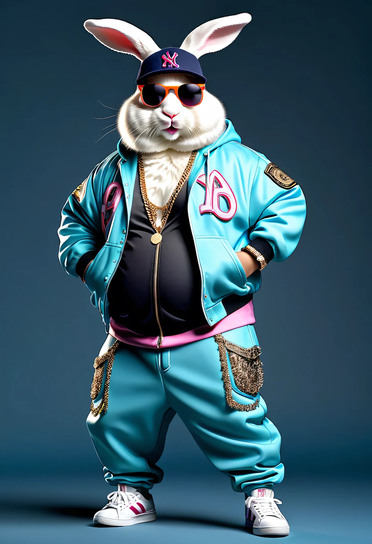 photorealistic portrait of Dressed animals - a ((fat)) (angora rabbit) hip hop dancer,(hands on hips:1.5), high quality,(lovely) ,intricate details, highly detailed ((hip hop fashion)) ,(wearing sunglasses:2.0), (cap, pants, sneakers),(wearing a jacket and hoodie) ,, wearing sunglasses, (happy), studio lighting,(full body image:1.5)