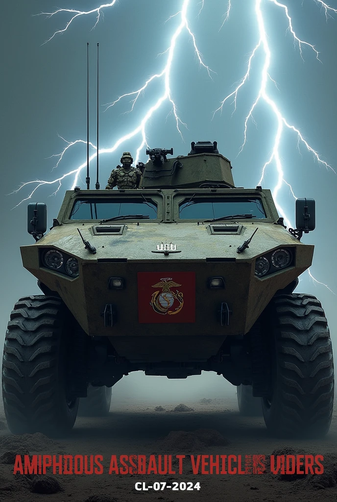 Frontview of USMC  Assault Amphibious Vehicle with cross trident and spear and a bit of lightning with text at the bottom stating "Amphibious Assault Vehicle Riders CL-07-2024