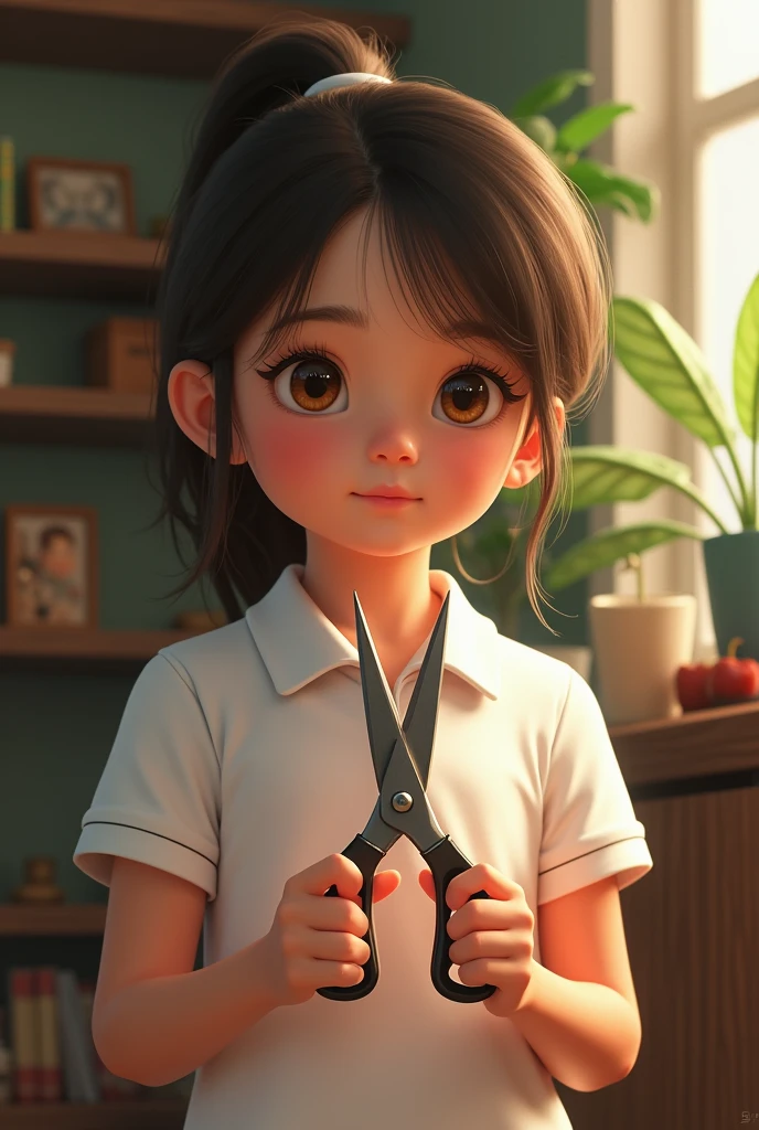 Girl with white polo shirt and scissors in her hand