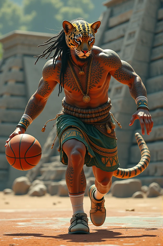 Jaguar aztec warrior playing basketball