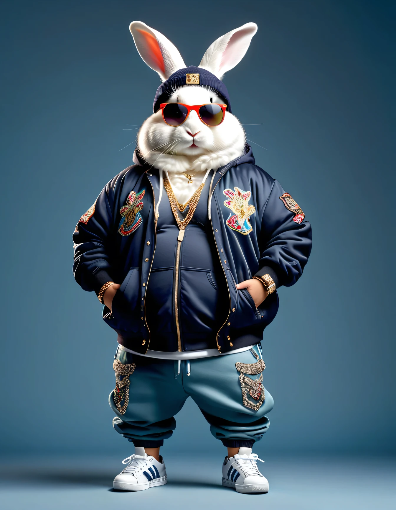 photorealistic portrait of Dressed animals - a ((fat)) (angora rabbit) hip hop dancer,(hands on hips:1.5), high quality,(lovely) ,intricate details, highly detailed ((hip hop fashion)) ,(wearing sunglasses:2.0), (cap, pants, sneakers),(wearing a jacket and hoodie) ,, wearing sunglasses, (happy), studio lighting,(full body image:1.5)