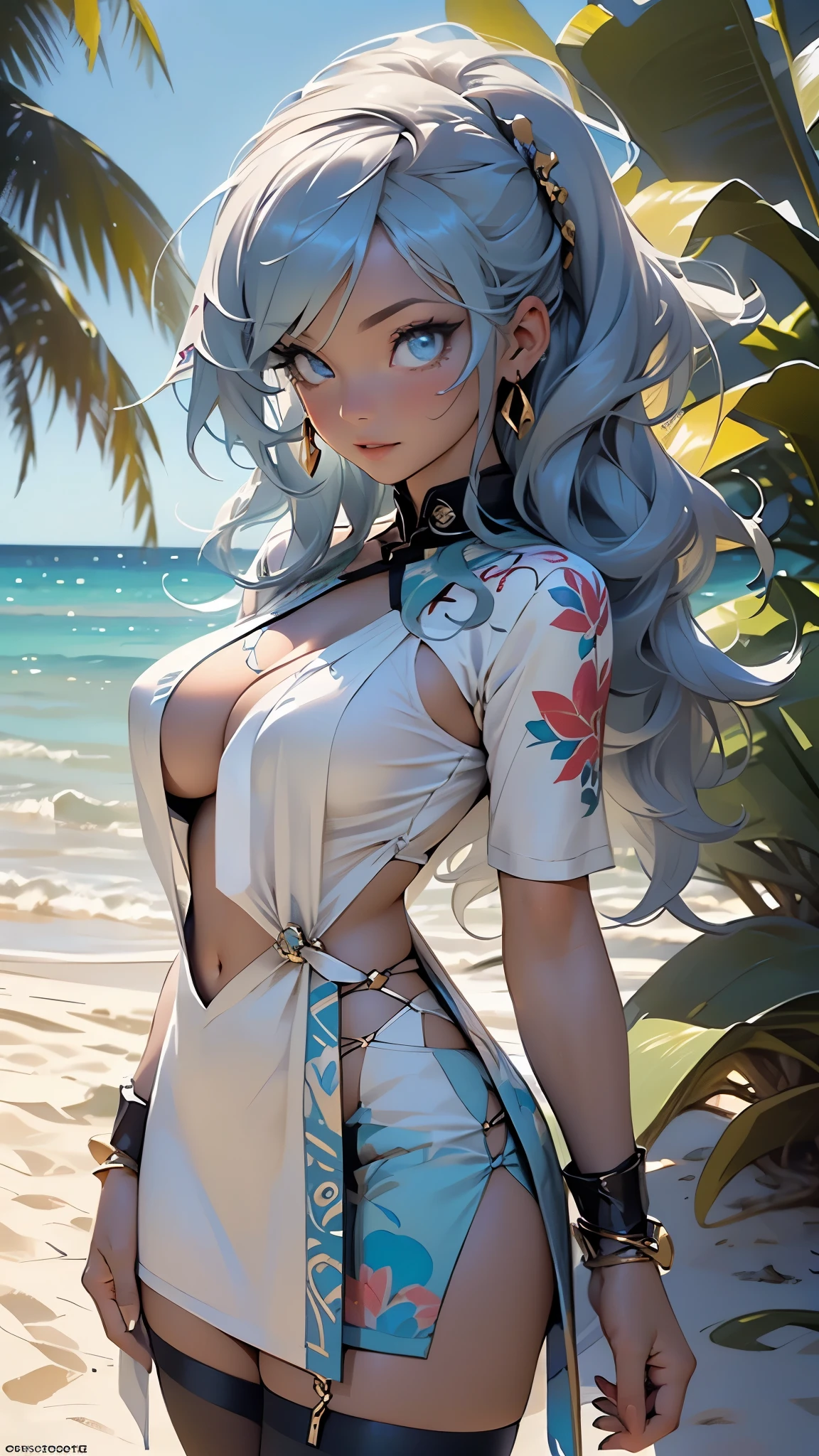 hindu goddess, serious and sexy face, has a face of supernatural beauty, long light blue hair, light blue hair,fitness hip, cracked abdominal muscle, large abdomen muscle,light_blue_hair,
woman,1female,((milf,mom,mature,mature woman,4 female,adult)),
Her figure is extremely voluptuous, gigantic breasts, heavy breasts,(large breasts:1.5),saggy breasts,light blue hair,colored inner hair,((light blue_eyes:1.3))),intricate eyes,beautiful detailed eyes,symmetrical eyes,((((dark_skin:1.3,(dark skin),lustrous skin:1.5,bright skin: 1.5,skin tanned,shiny skin,very shiny skin,shiny body,illuminated skin)))),(spider lower abdomen,narrow waist,wide hip,bimbo body,inflated legs,thick thighs),(((detailed face))),
(cute,slutty,sensual,seductive look,seductive,((erotic)),opulent,sumptuous,longingly,((nsfw)),
queen,goddess,fantasy,revealing clothing,show skin,zettai ryouiki,revealing clothing,skin show,((rave shirt with a print,rave miniskirt,visible thong straps)),(wearing a rave outfit:1.3,rave clothing,semi-naked,scantily clad),((clothes wet, intricate costume, intricate clothing)), bare belly, bare shoulders, golden bracelets,detailed outfit,cleavage,(beautiful Hindu rave clothes),(party Hindu rave clothes, very loose dress):1.5, Hindu style,
(dynamic pose:1.0),arrogant face, arrogant smile,(centered,scale to fit dimensions,Rule of thirds),
outdoor,((beach rave party)),scenery:1.25,((intricate scenery)),((beach rave party background)),beach rave party atmosphere,Summer beach party,sand,beach party behind,harmonized orange sunset adding to the atmosphere of a summer beach party,beach party atmosphere,Boom festival,European rave,Cytorance festival,time golden,Ozora festival,sea,horizon,palm,palm trees,Christmas lights,
(Glossy rave ornaments),highres,sharp focus,(ultra detailed,extremely detailed),(photorealistic artwork:1.37),(extremely detailed CG unity 8k wallpaper),(((vibrant colors,vibrant theme))),(intricate),(masterpiece),(best quality),artistic photograp