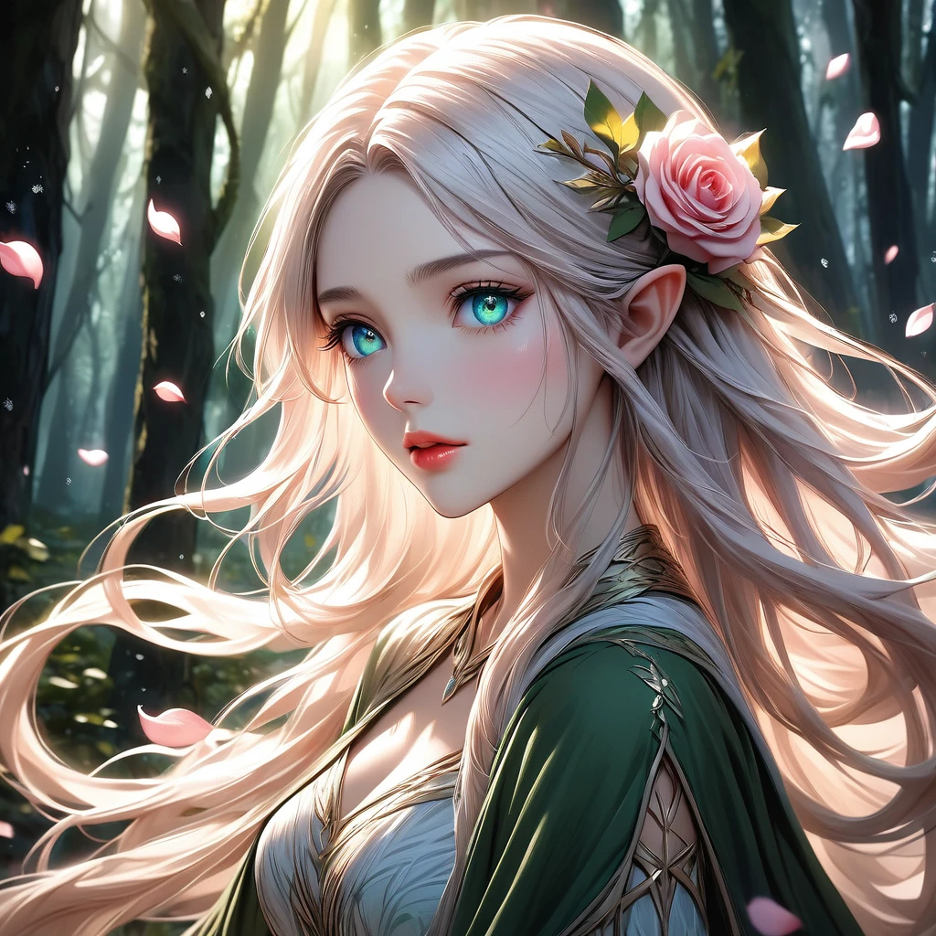 A female elf with ethereal beauty typical of the high elves. Her long, flowing hair is a soft shade of pink, reminiscent of delicate flower petals. Her large, expressive eyes are a deep green, like the heart of the ancient forest she calls home. Her skin is as white as freshly fallen snow, giving her an almost otherworldly appearance, while her lips are as red as the most vibrant roses. She wears traditional elven clothing, which is thin and light, yet incredibly durable, made from a unique plant found only in the elven forest. The fabric shimmers subtly in the light, appearing almost as if it's woven from moonlight.