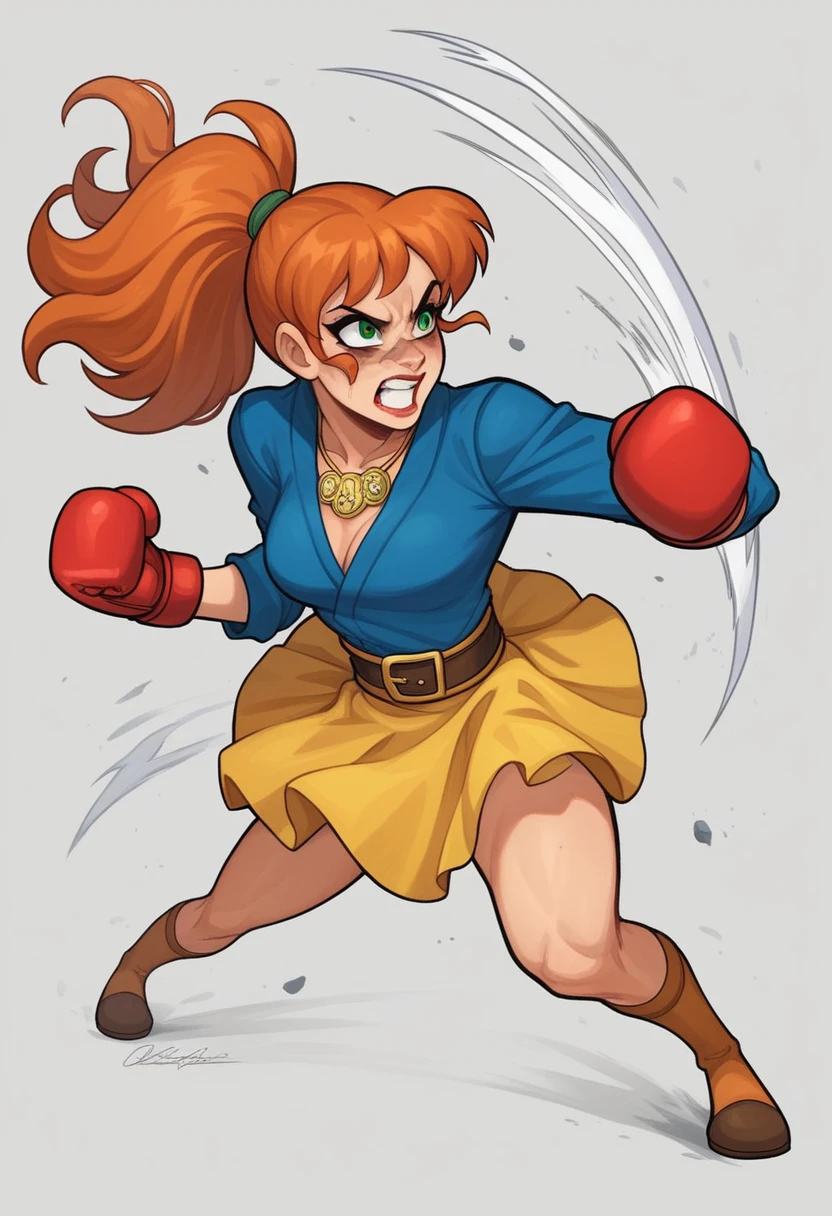 Samantha Goldilocks: An American British Woman with Pair skin and long red or orange hair she usually keeps tied back in a ponytail which is one orange scrunchy except for one strand, which hangs about her face. She has green eyes and is, being a British redhead, quite pale. She is slightly shorter than Vera Sonja for the length of the Her Fight Skill of Kung Fu,

Almost every day, Sam wears a dress with a orange or yellow bodice, long sleeves, a square neck, with a gold necklace and a gold and yellow layered skirt that covers a yellow skirt and has a martial arts style of Punch Boxing and Fight Combo or Kick Boxing with A Orange Karate Belt on it. She Can Fight Back Against Enemies and Bosses Around Her Like That.

Karai Wolverine: A Teenage Ninja Warrior Female Who is Similar to Be Karai from Teenage Mutant Ninja Turtles (2012-2017), She Has Dark Black Hair and A Blonde Hair Behind The Black Hair with A Red Ponytail On Her Hair, Whenever Pulled Out Her Sword Blades and Her Wolverine Claws That is Similar to Be Wolverine from The Marvel Movie Called X-Men, She Can Fight Back Against Enemies and Bossed Around Her.

Vera Sonja: an Adult Caucasian Female Who Is Similar to Be Sapphire Sonja from Scooby-Doo (Franchise) with Snow-White Hair, With Red Lipstick, Wearing A KadeJanes641 Animation Studios Blue Sleeveless Gl, While Her Feet and Her Hands are Simply Wrapped Up with Yellow Rags, and That is A Face Injury That Left Her with A Patch Over Her Right Eye, and Her Other Eye is Light Blue, And Her Boxing-Combo Abilities and Her Beauty Like Her Mother.

Erika Horton: Janet's Big Sister With Her Pot with A Blue Felicia Daisy That She is Holding in Her Hands, Whenever Her Skills are Actually Combo Style of Kung Fu That is Similar to Be Vera Sonja's She Can Fight Back Against Enemies and Bosses That Also Threaten Her and Her Little Sister.

Janet Horton: Erika's Little Sister Who is Brave in Her Life, She is A Beautiful  with Red-Haired, She Can Handle The Chall