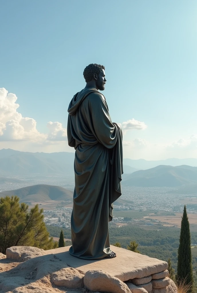 Statue of a Stoic philosopher standing on a hill looking over Greek