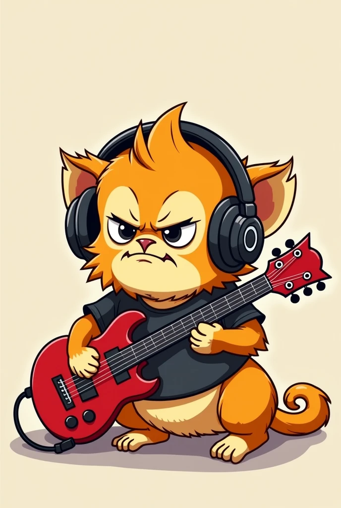 Golden lion tamarin in cartoon form, lying down, with head bowed, colored with shades of yellow and orange and using headphones. Angry face, with closed eyes and an arched eyebrow, wearing a black short sleeve t-shirt and holding up a red guitar.