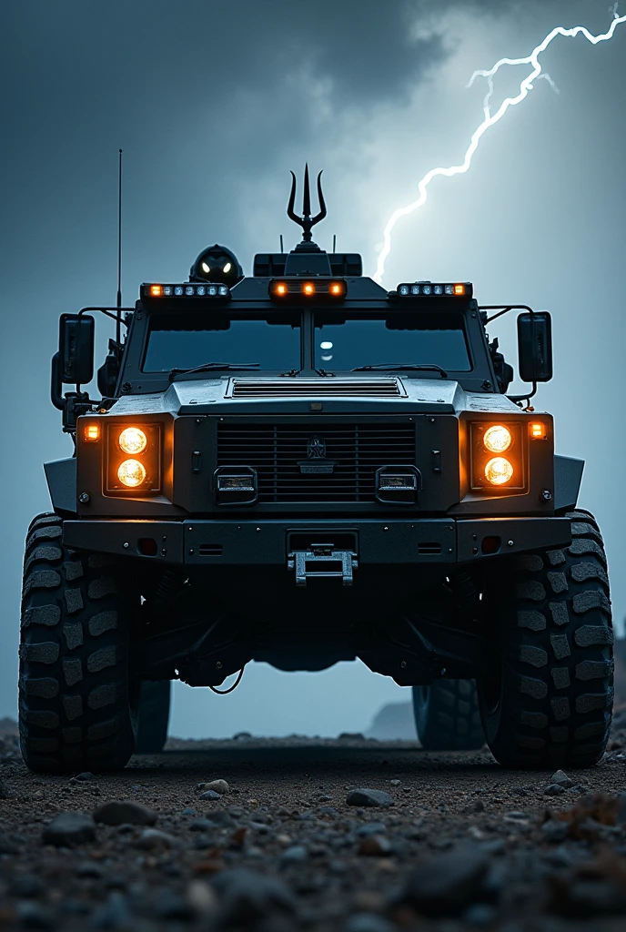 Frontview of Assault Amphibious Vehicle with cross trident and spear and a bit of lightning with text at the bottom stating "Amphibious Assault Vehicle Riders CL-07-2024