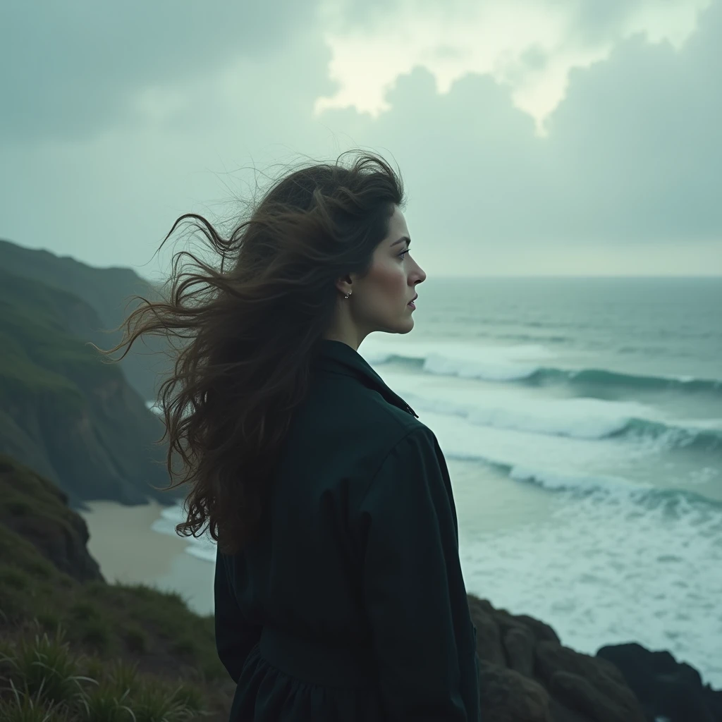 Long shot of a woman with curly hair looking at the vastness of the ocean, surf , arena, costa, clouds, cloudy, winds, loneliness, melancholia, sadness, Photography, Realism, analogic camera effect, masterpiece, perfect composition