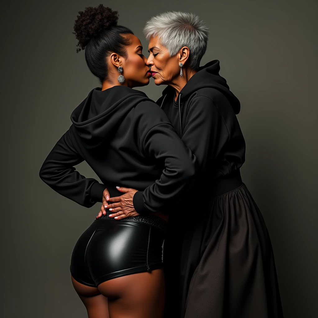 black woman hair in a bun black hoodie black leather short shorts a old grandma in a dress kissing her ass behind her squeezing her butt