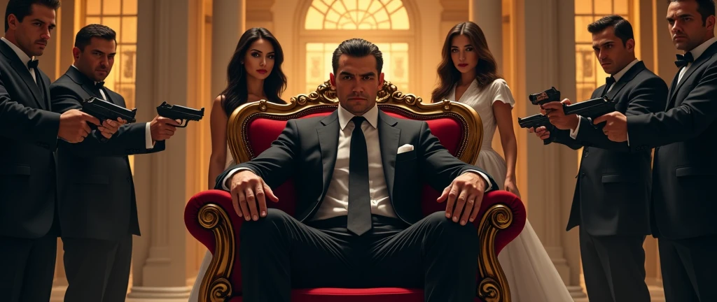 In the center of the poster, a strong, handsome, and young Mafia Boss sits confidently on an opulent boss chair. His posture exudes authority and dominance. Behind him stands a beautiful woman, her elegance and grace complementing the Boss’s powerful presence. Next to her, a contrasting figure, the Mafia Boss's other persona, is dressed in simple attire, adding depth to his dual identity.

The background features a luxurious bungalow, its grandeur highlighted by the sophisticated design. A crowd of men in black suits, holding guns, stands in the foreground, their attire and weapons reinforcing the mafia theme.