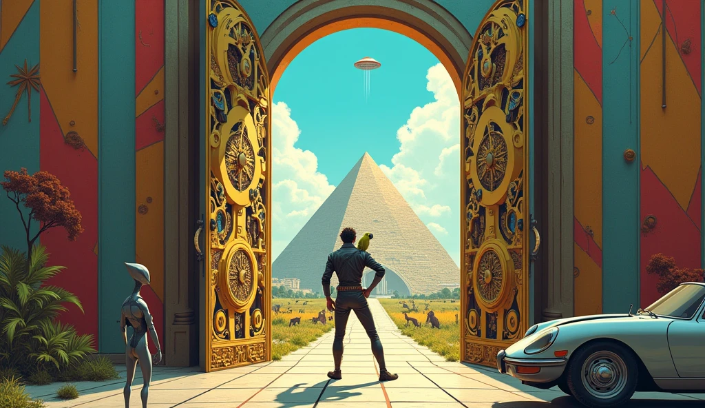 Un homme avec des vêtements futuristes pousse des deux mains des portes futuristes avec des figures géométriques de couleurs différentes sur la porte et devant lui une pyramide avec de l'herbe et des animaux ,le tout ressemblent à la peinture que j'ai publié et un robot et à côté devant une des portes et le personnage caucasien avec un Péroqué sur l'épaule et un aspect baroque est légèrement ajouté une soucoupe volante est ajouté et un extra terrestre petit gris,le personnage se tient droits les jambes légèrement écartées en poussant les portes il y a des mécanismes et horlogerie sur les portes et une voiture ancienne améliorée venus du futur