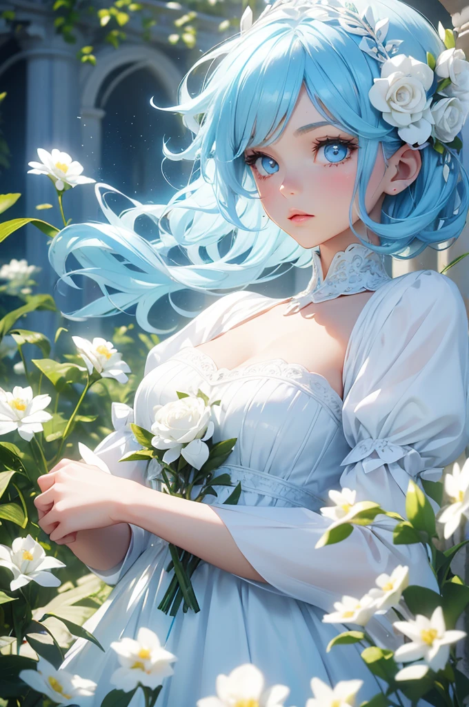 Light blue hair Wave Shorthair Light blue eyes beautiful girl White flower hair ornament beautiful White Flower Field White Dress Fairytale castle