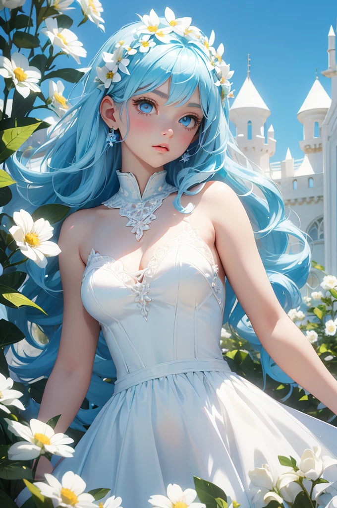 Light blue hair　Wave Shorthair　Light blue eyes　beautiful girl　White flower hair ornament　beautiful　White Flower Field　White Dress　Fairytale castle
