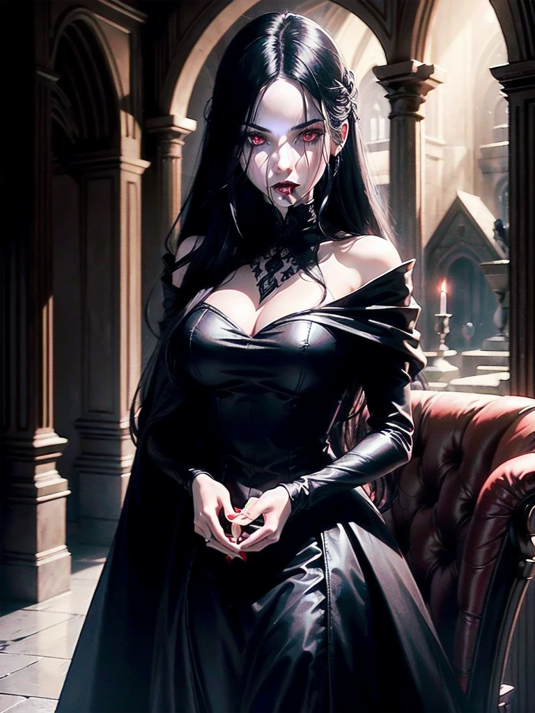 cover featuring an elegant and powerful vampire with long black hair and glowing red eyes. Her skin is pale and flawless, and she wears a gothic, sophisticated dress in dark colors, with subtle details in silver or red. Next to her, include another girl with an intrigued or frightened expression, with hair and clothing that contrast with the vampire's, possibly in lighter tones or a more modern style. The background should be a dark and mysterious setting, such as an ancient castle or mansion, with soft lighting that highlights the figures. The book title should be prominently displayed on the cover, complementing the image and reflecting the atmosphere of the story.