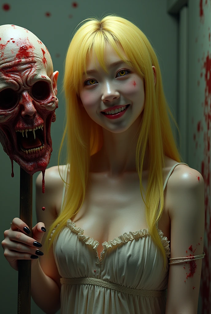 (((photorealistic:1.4))), ultra realistic, pores, (((masterpiece))),high quality, ultra details, realistic white skin beautiful face pretty korean idol girl smilling showing very long sharp black shiny fingernails, yellow slit eyes, smilling, long yellow hair, standing next to realistic ugly old man head stabbed on the post with throat ripped, guts, deep cuts and wound, extreme gore, blood splatter everywhere, torture room