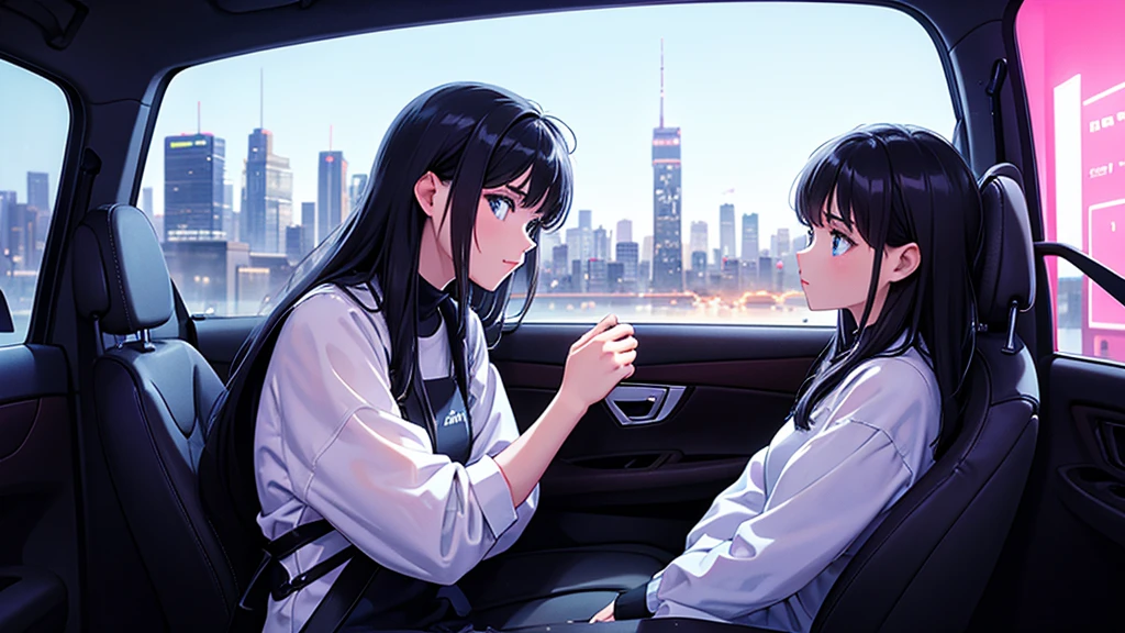 Create an image from the angle inside a car, showing a woman with a thoughtful expression on her face as she gazes out of the side window at the cityscape. The city outside should be visible, illuminated by streetlights and neon signs. Use soft, pastel colors and subtle gradients to capture a dreamy, reflective atmosphere. Ensure the interior of the car feels cozy and comfortable, adding to the overall serene vibe.futuristic city