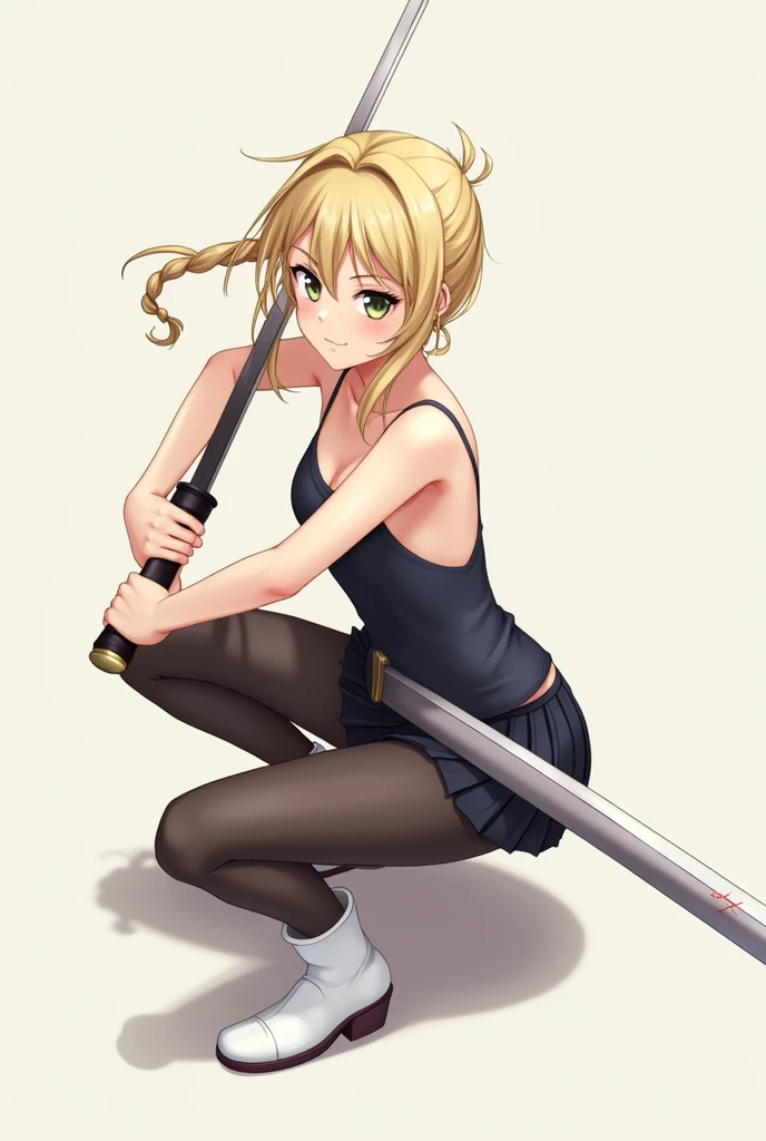 masterpiece, Best Quality, super rendering, super Realistic, High Detail Face, Clean and delicate face, whole body, Crouch and swing a long sword, grip the sword anatomically correctly, Single Braided blonde pony tail, parted bangs, forehead, wearing a camisole and pleated mini skirt, bare ass, open legs, Sleeveless, black pantyhose, white short boots, glaring at the viewer, simple color background, topless,  breasts