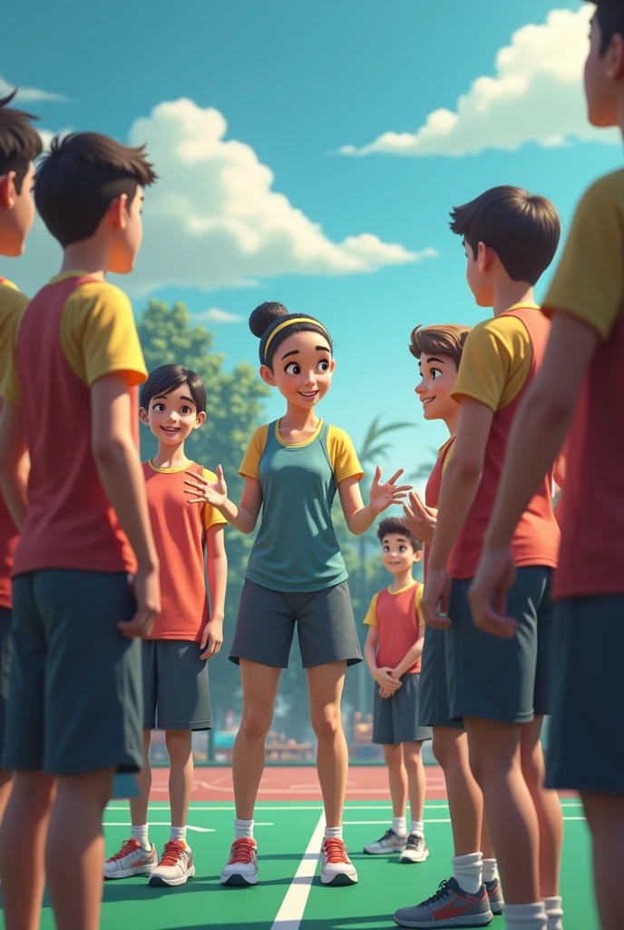 A teacher in a physical education class with his students. Start interacting and asking each other questions.. The class takes place on a sports platform. the image horizontally.
