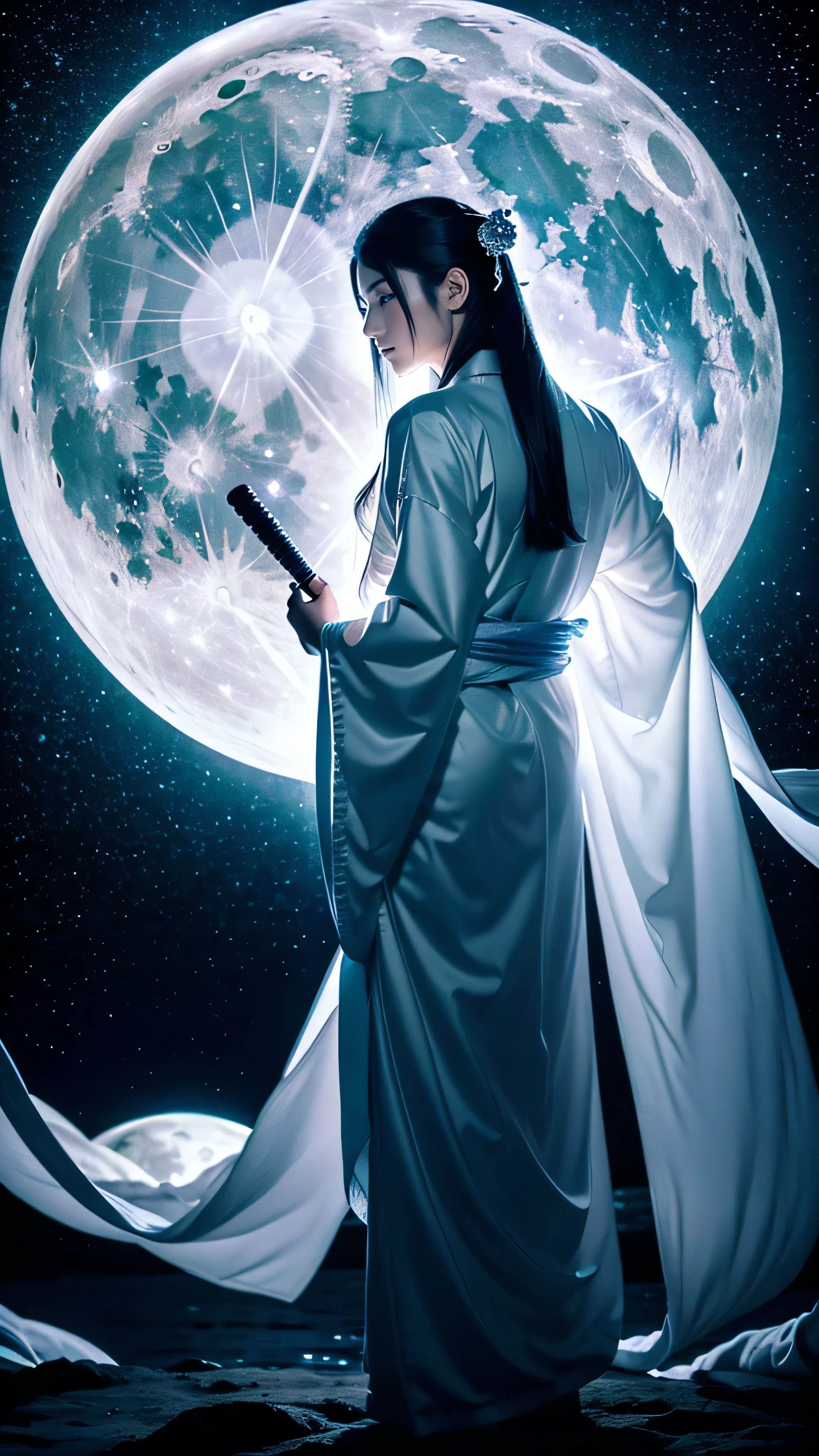 **Prompt:** Create an ultra-realistic 8K resolution image of Tsukuyomi, the Japanese moon god from Shinto mythology. Tsukuyomi is depicted as a majestic and serene figure, embodying the tranquil beauty and mystique of the moon. He has long, flowing silver hair that cascades down his back, shimmering like moonlight. His eyes are a deep, glowing silver, reflecting the calm and ethereal nature of the night. His expression is serene, yet holds a hint of aloofness, as he gazes towards the heavens.
He is dressed in an intricately designed traditional Japanese robe, adorned with patterns of the moon and stars, in shades of deep blue, silver, and white. The robe flows around him like a gentle breeze, giving the impression of floating in a celestial realm. Tsukuyomi holds a delicate, ornate staff, topped with a crescent moon, symbolizing his dominion over the night.
The background features a stunning full moon illuminating a serene, night-time landscape with gentle waves reflecting the moonlight. The scene is serene and otherworldly, capturing the divine and timeless essence of Tsukuyomi as the revered moon god.
