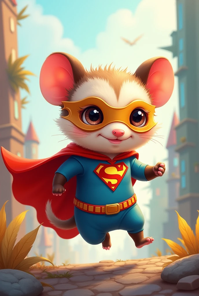 Create a charming and whimsical illustration of a baby opossum dressed as a superhero. The opossum should be small and adorable, with a bright, colorful superhero costume that includes a cape, mask, and a logo on its chest. The costume can be in vibrant colors like red and blue, with a fun emblem that reflects its heroic nature. The opossum's mask should cover its eyes, giving it a playful yet determined expression. The background can feature a cityscape or a whimsical setting, adding to the superhero theme. Include some dynamic poses or action elements, such as the opossum flying or striking a heroic stance, to bring the character to life and emphasize its superhero persona."