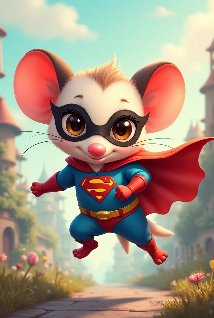 Create a charming and whimsical illustration of a baby opossum dressed as a superhero. The opossum should be small and adorable, with a bright, colorful superhero costume that includes a cape, mask, and a logo on its chest. The costume can be in vibrant colors like red and blue, with a fun emblem that reflects its heroic nature. The opossum's mask should cover its eyes, giving it a playful yet determined expression. The background can feature a cityscape or a whimsical setting, adding to the superhero theme. Include some dynamic poses or action elements, such as the opossum flying or striking a heroic stance, to bring the character to life and emphasize its superhero persona."