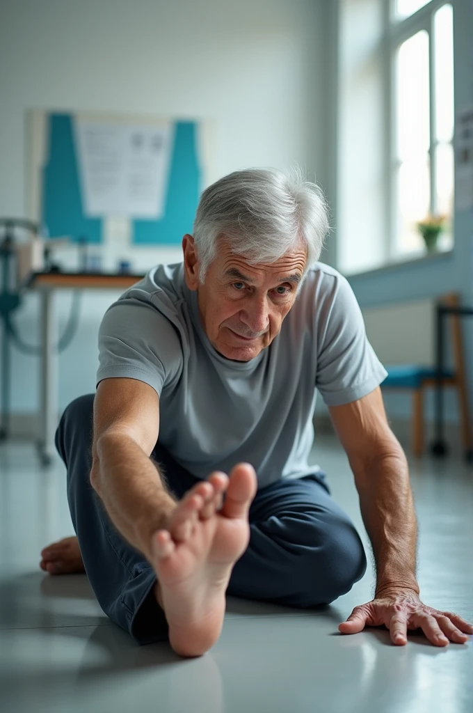 Elderly man sitting on the floor doing trunk flexions and touching the tip of his foot to perform a stretch in a physiotherapy clinic 
