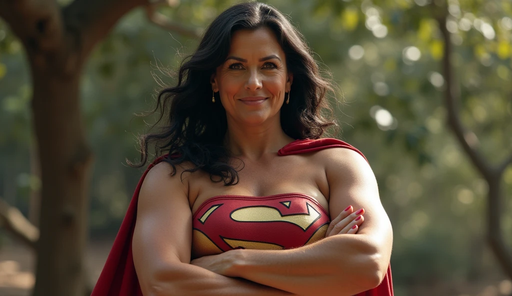 (((very beautiful old Supergirl (((1980s Superman costume))) Julie Hagerty(((dark-haired, large-breasted woman in her 50s)))) Super woman Julie Hagerty; confident, powerful, indestructible, attractive; big and firm chest; strong breasts; arms crossed, arrancando uma arvore do chão(superforça); arms of a strong woman. HD. Photograph, ((realism)), extremely high quality RAW photograph, ultra detailed photograph, sharp focus, high resolution, (detailed skin:1,3),high quality, film grain, Fujifilm XT3,Highly Detailed, movie, (Cinematic Photo:1.3) of (Realistic:1.3)