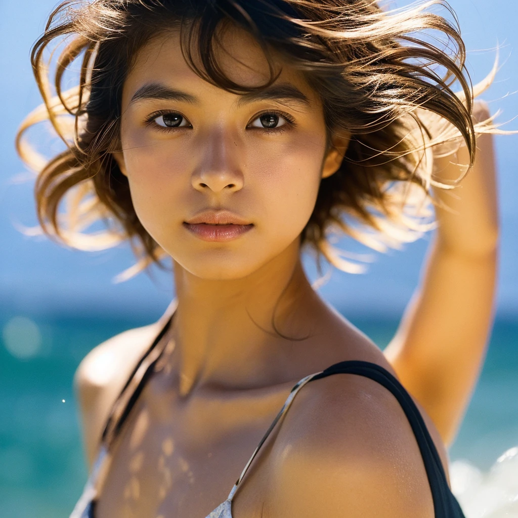 A hyper-realistic image of a single Japanese woman in her early 20s, captured with the nostalgic warmth and pronounced graininess of a film camera, showing her from the shoulders up as she stands on a sunlit beach. Her skin has a warm beige tone with a natural, visibly rough texture that includes pronounced pores, fine lines, and subtle imperfections such as small blemishes, slight unevenness, and a hint of sun exposure, contributing to the authenticity of her appearance. The texture of her skin is intentionally less smooth, with a tangible roughness that enhances the realism, making the surface appear slightly weathered by the elements. The soft, diffused natural light illuminates her face and shoulders with a gentle touch, casting shadows that subtly reveal the unevenness of her skin. Her straight, glossy black hair flows naturally in the ocean breeze, framing her face, and her deep brown eyes reflect the soft sunlight and the shimmering sea. The film camera effect amplifies the grain and texture, creating a warm, nostalgic atmosphere while maintaining the deliberately rougher, less polished texture of her skin. The composition, focused on her upper body, captures the serene elegance of the beach setting, highlighting the natural interaction of light and shadow on her skin. This combination of a rough, realistic skin texture, soft natural light, and the grainy film-like qualities ensures that the image presents an authentic, lifelike portrayal of the woman, centered on her face and shoulders.