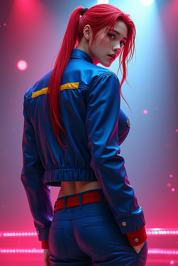 masterpiece, Highest quality, Ultra-high resolution, (sexy Korea idol man: 1.3), Men, Korea Men, manhwa, sexy Men, Red hair with yellow side streaks, Straight hair、big ass men, big ass men, big male ass, long tied hair, Looks like a、(red and blue harajaku: 1.2), (The jacket is a blue jacket with red and yellow details.: 1.2), back view、Big, shapely ass、The kpop show paucco where the spotlight is dazzling、A little wet、mouth piercing, Focus on the big ass and beautifully shaped