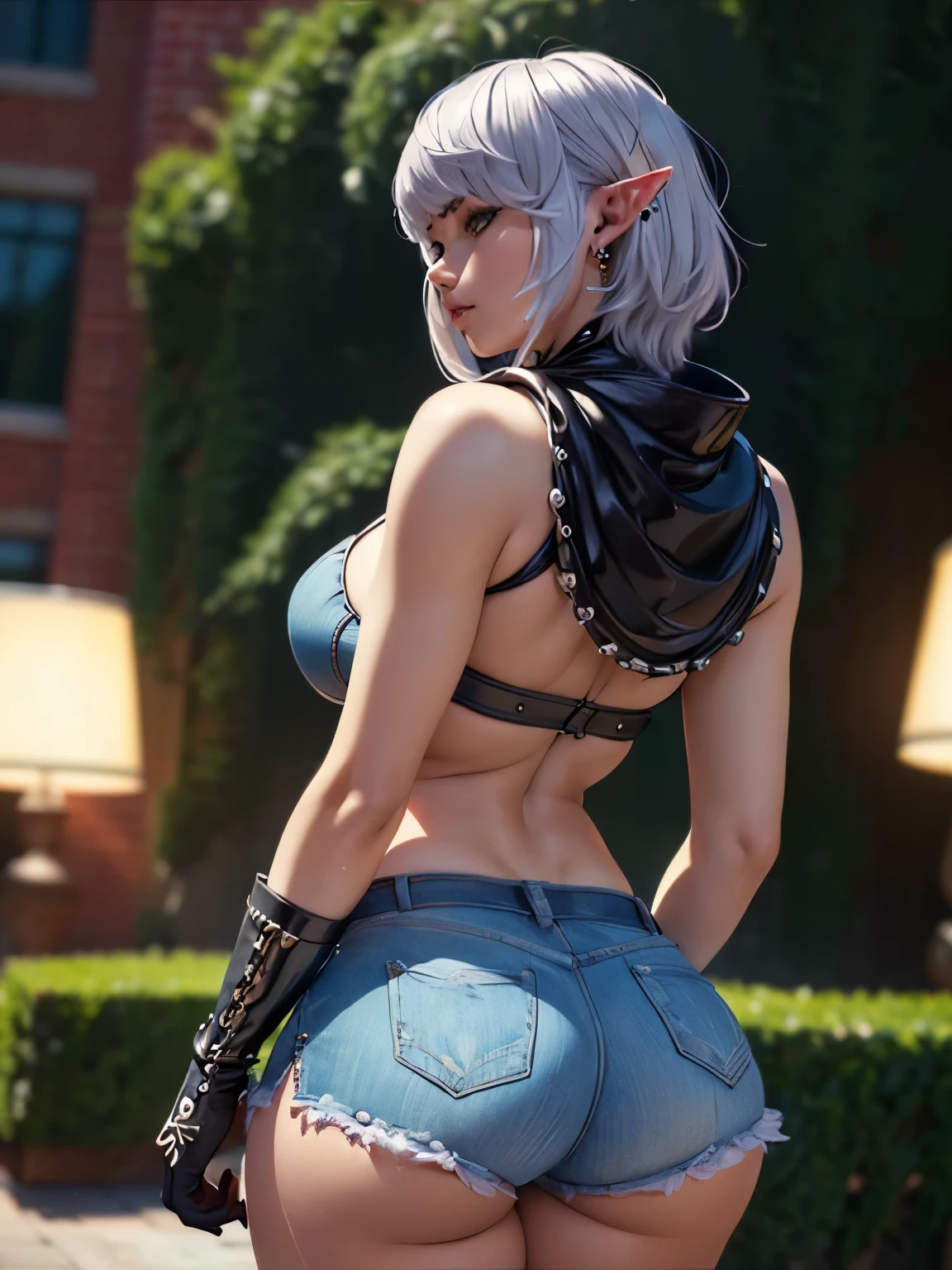 ((masterpiece, best-quality, ultra_detailed)), female elf dressed in latex booty shorts, gorgeous, attractive, african, voluptuous, ample hips, insanelydetailedaccentuatedbigbooty, ((flirty)), looking back at viewer, portrait, photography, detailed skin, Realistic, photorealistic, 8k, highly detailed, full-length frame, HIGH RAW detail color art, piercing, diffused soft lighting, shallow depth of field, sharp focus, shallow depth of field, hyperrealism, cinematic lighting