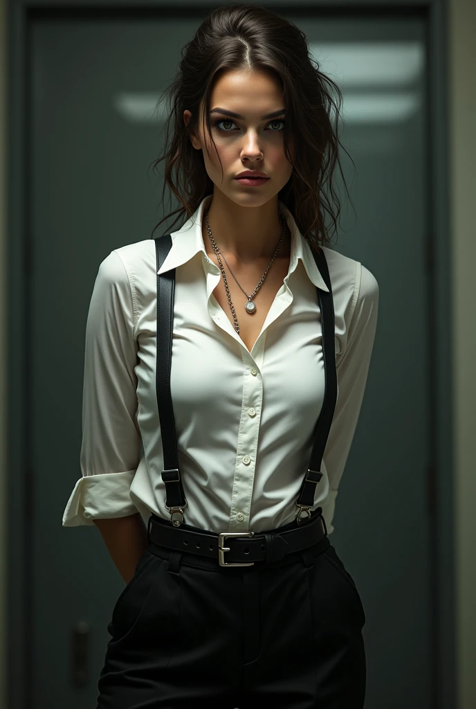 a woman in a suit, belt, hands behind back, sweating, suspenders, black pants, sexly, large breasts, see-through clothing,, detective, office worker, white button-up shirt, (best quality,4K,8k,highres,masterpiece:1.2),ultra-detailed,(realistic,photorealistic,photo-realistic:1.37),hyper-detailed,highly detailed face and body, Slender　thin　suspenders　Moderate breasts　See-through shirt　Nipples　holster　chain　Pistol　Armament　criminal　Female criminal　knife　japanese　profile　Japanese women　arrested handcuff　Cable tie on thumb　Restraint Fingercuffs
