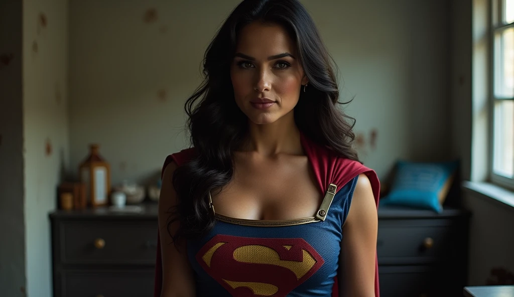 Supergirl old  Jean Smart Supergirl(((dark hair)));strong arms; incredible woman; big breasts.  HD. Photograph, ((realism)), extremely high quality RAW photograph, ultra detailed photograph, sharp focus, high resolution, (detailed skin:1,3),high quality, film grain, Fujifilm XT3,Highly Detailed, movie, (Cinematic Photo:1.3) of (Realistic:1.3), by John Byrne/Jerry Ordway